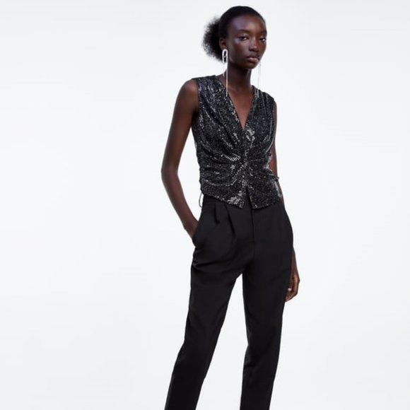 ZARA Black Sequence Pleated Fantasy top - NWT - Picture 1 of 9